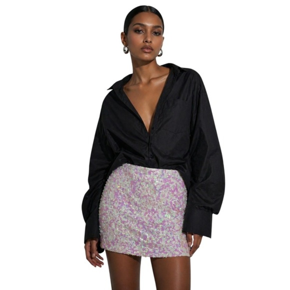 Maner Womens Iridescent Sequin Mini Skirt White Pink Large Party‎ Rave Festival